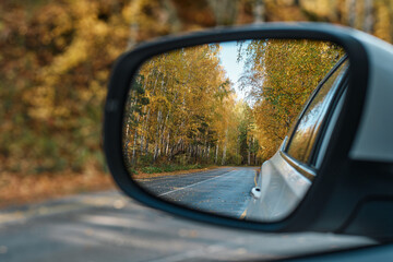 car mirror reflection, Autumn landscape, road in autumn forest - obrazy, fototapety, plakaty