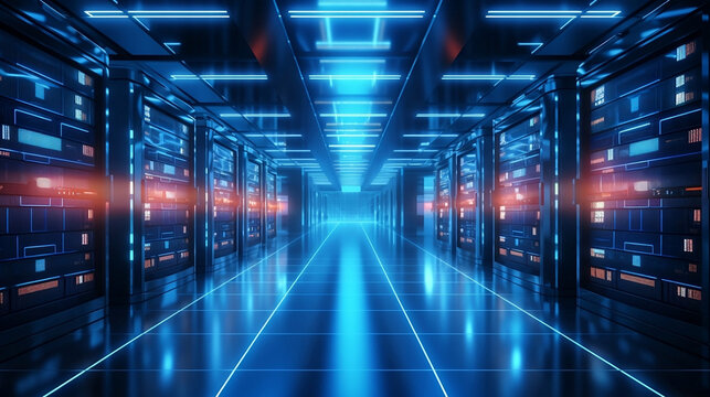 Modern Server room or server computers with servers racks with blue lights, data center interior, Modern web network and internet, telecommunication technology, big data storage and cloud computing