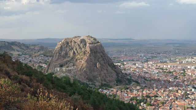 Panoramic landscape view of Afyonkarahisar city. 4 k video 