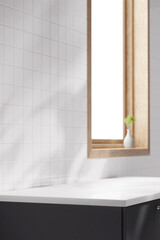 Kitchen, bathroom, white tile, sink, window frame with  sunlight coming in. 3d rendering.