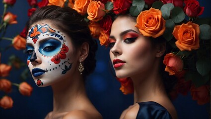 Naklejka premium Festive Mexican Heritage: Woman with Colorful Face Tattoos for Dia de los Muertos, La Calavera Catrina, Mexico. Day of the dead. Folklore, tradition beautiful face make up