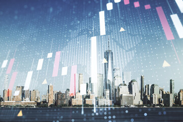 Abstract creative financial graph and world map on New York cityscape background, financial and trading concept. Multiexposure