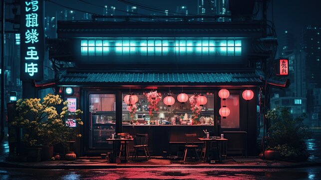 Tokyo cyberpunk landscape at nigh. Dystopian cityscape, devastated by war, poverty, and environmental decay, featuring decaying architecture and flickering neon signs, retro-futuristic Asian streets.