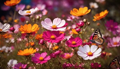 Fototapeta premium Macro shot of colorful cosmos flowers and butterflies.