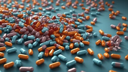 Visualize a cluster of antibiotic pill capsules descending, creating a compelling 3D medical illustration for healthcare backgrounds