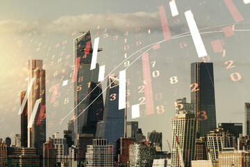 Multi exposure of abstract virtual financial graph hologram on New York skyline background, forex and investment concept