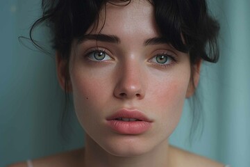 Portrait of brunette young woman with sad green eyes - obrazy, fototapety, plakaty