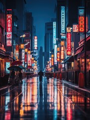 In the heart of Tokyo's modern and beautiful cyberpunk landscape, vibrant city lights paint a mesmerizing picture of futuristic living. Advanced technology weaves through utopian cityscapes, offering  - obrazy, fototapety, plakaty