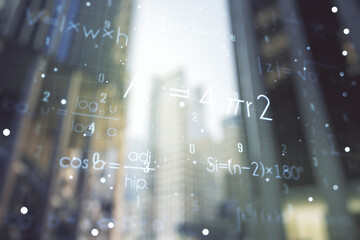 Abstract scientific formula hologram on office buildings background. Multiexposure