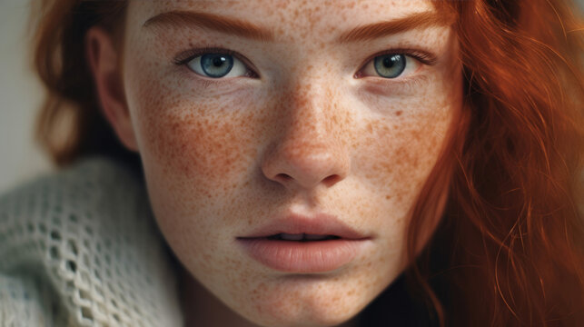 Detailed close-up of a model with freckles,  embracing unique and charming features.