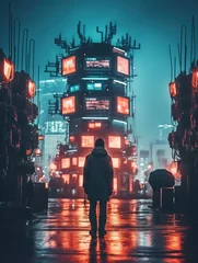 Foto op Aluminium Tokyo cyberpunk landscape at nigh. Dystopian cityscape, devastated by war, poverty, and environmental decay, featuring decaying architecture and flickering neon signs, retro-futuristic Asian streets. © AlexRillos