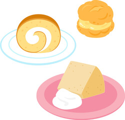 ロールケーキ、シュークリーム、シフォンケーキ