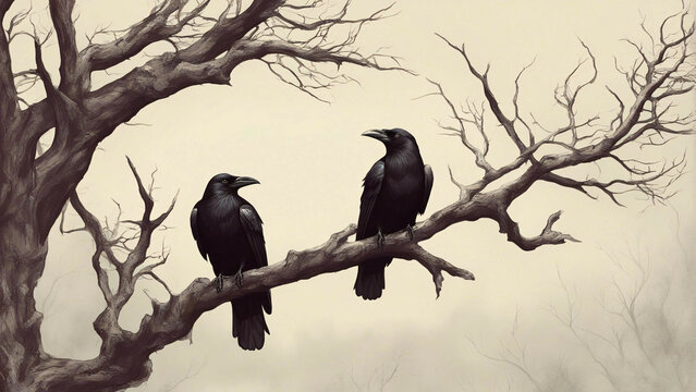 Two black crows sitting on a branch.