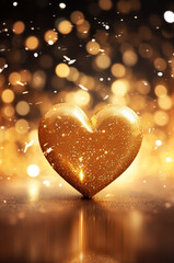 Fototapeta premium Glitter gold heart with golden light splashes on lights bokeh background. Gold luxury shiny design heart element with glitter effect for Valentines Day background with copy space.