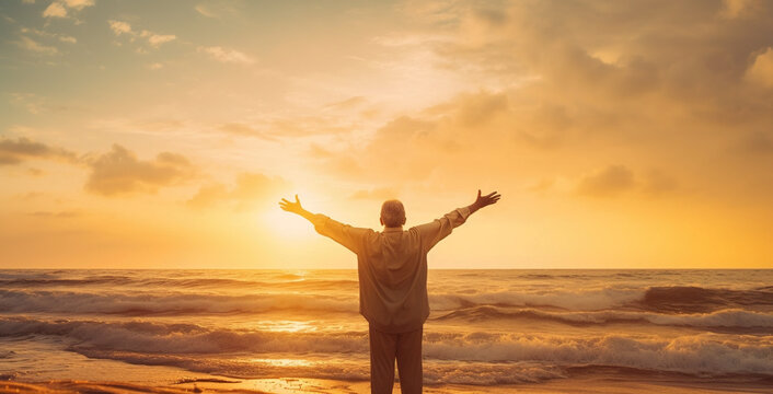 silhouette of an old man with stretched arms greeting the sun on a beach