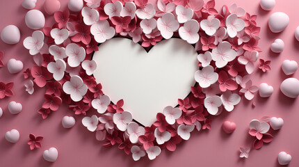 Obraz premium Valentines day greeting card or festive wallpaper. Abstract background of hearts with flowers in pink colors. Valentines Day heart pattern background with place for your text. Illustration for design.