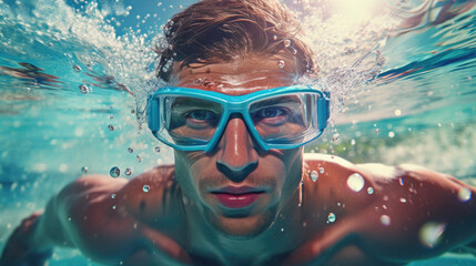 Headshot of a swimmer with goggles,  diving into a world of aquatic possibilities - obrazy, fototapety, plakaty