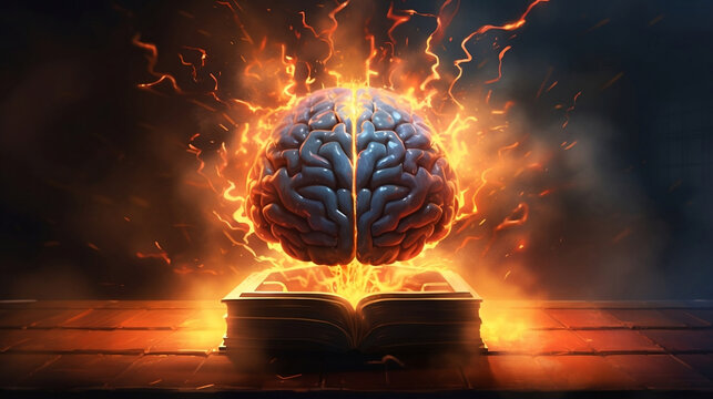 Human brain exploding energy along with book