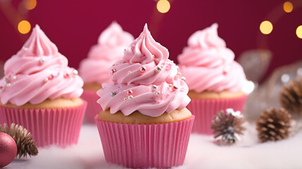  Pink cupcakes with Christmas decor in Barbie pink style. Background with sparkles in spiced apple shade. Banner.