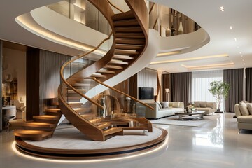 Unique blend of modern and playful aesthetics, featuring an astounding staircase. Generative AI