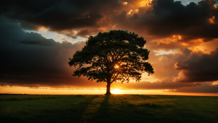 Fototapeta na wymiar photo wide angle shot of a single tree growing under a clouded sky during a sunset surrounded by grass