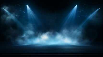 Epic Stage Illumination. Blue vector spotlight, smoke, and stadium ambiance on black backdrop
 - obrazy, fototapety, plakaty