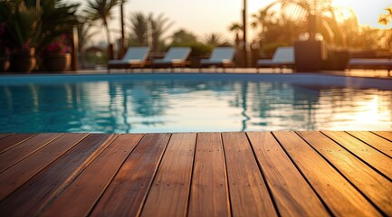 Wooden surface with a blurred background of a swimming pool