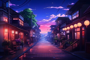 A Beautiful Japanese Cityscape in the Evening, with Houses Lining the Street. The Scene Radiates an Anime comic artstyle, Enveloping the Viewer in the Cozy Lofi Charm of Asian Architecture