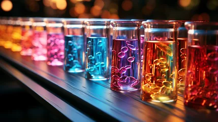 Fotobehang Multi-colored glass flasks and flasks with chemical test tubes in a scientific medical microbiological laboratory with research equipment © Aliaksandra
