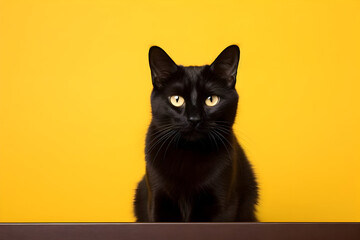 Obraz premium A Black Cat Posing Gracefully Against a Vibrant Yellow Background