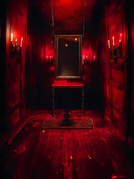 ultra detailed photography of a dark room illuminated by candles, in the center of the room a mirror shows a ghost only visible in the reflection, red paint splattered all over the room, dramatic, cla