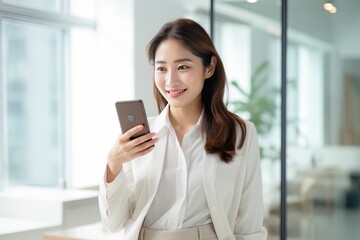 Fototapeta na wymiar Portrait of Happy Asian Woman Holds Smartphone in Modern Office, Smiling Female Shopping Online, Bueatiful Manager Working Financial Reports with Mobile Application