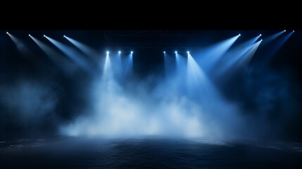 Epic Stage Illumination. Blue vector spotlight, smoke, and stadium ambiance on black backdrop
 - obrazy, fototapety, plakaty