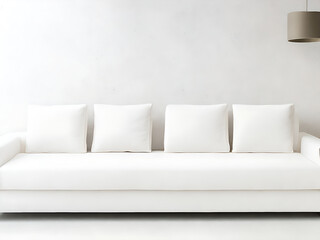 White sofa with beige pillows against concrete wall. Minimalist home interior design of modern living room