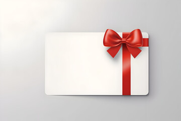 A Blank White Gift Card with a Red Ribbon Bow Rests in the Corner, Isolated on a Grey Background with a Shadow. A Minimal Conceptual 3D Rendering