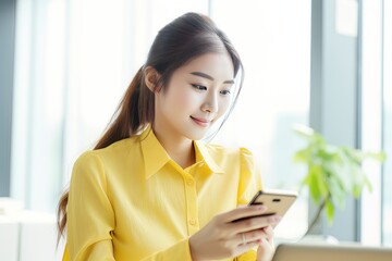 Portrait of Happy Asian Woman Holds Smartphone in Modern Office, Smiling Female Shopping Online, Bueatiful Manager Working Financial Reports with Mobile Application