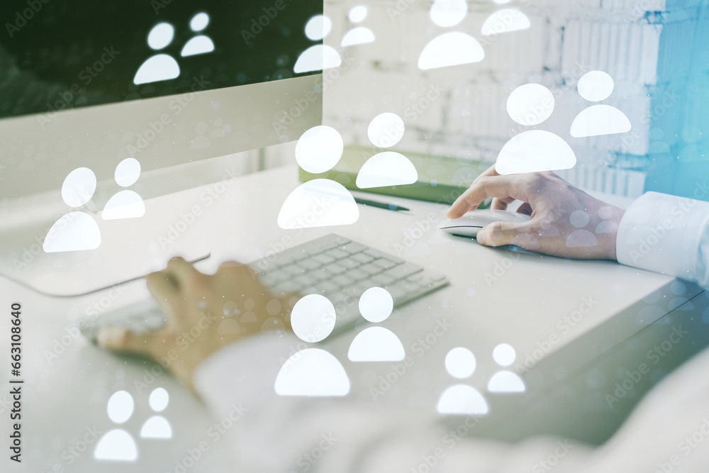Poster double exposure of social network icons concept with hand typing on computer keyboard on background.