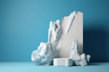 Abstract minimal concept. Rock slab white podium with blue background in 3d style for products