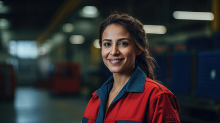 Smiling hispanic female factory worker posing looking at the camera