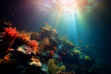 Fototapeta na wymiar Bright aquatic lights illuminate the stunning coral reef underwater. Generative AI