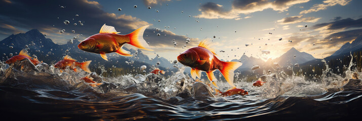 Exotic tropical gold fish jumps above water in the ocean - obrazy, fototapety, plakaty
