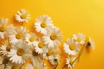 Creative Floral composition flat lay.Chamomile Daisy,daisy on yellow background,flat lay style wallpaper background