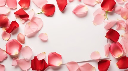 Floral valentines card concept,Beautiful pink red roses on white background with small white card,flat lay