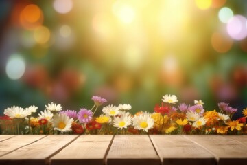 empty wooden table top with flower bokeh soft morning light background
