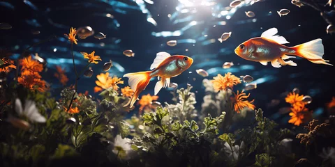 Fotobehang exotic tropical goldfish gold fish swims underwater in ocean in an aquarium © alexkoral