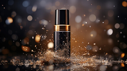 Cosmetic, spray premium black package. Banner for beauty promotion of elegant product for advertising surrounded by golden sparkle glittering light and bokeh background. Generative AI