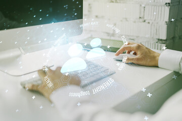 Fototapeta na wymiar Double exposure of people icons hologram and hands typing on laptop on background. Online insurance service concept