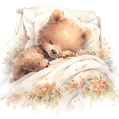 A sleepy baby bear in a bedding. watercolor illustration.