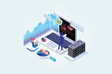 Modern Isometric Online administrator, web hosting concept. Technician repair software. Hardware protection share infographic. Store safe server. Suitable for Diagrams, Game Asset, And Other asset