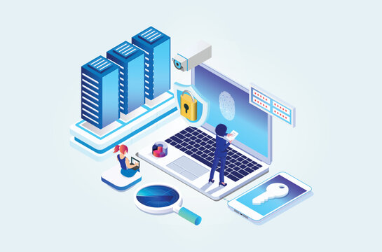 Modern Isometric Online administrator, web hosting concept. Technician repair software. Hardware protection share infographic. Store safe server. Suitable for Diagrams, Game Asset, And Other asset